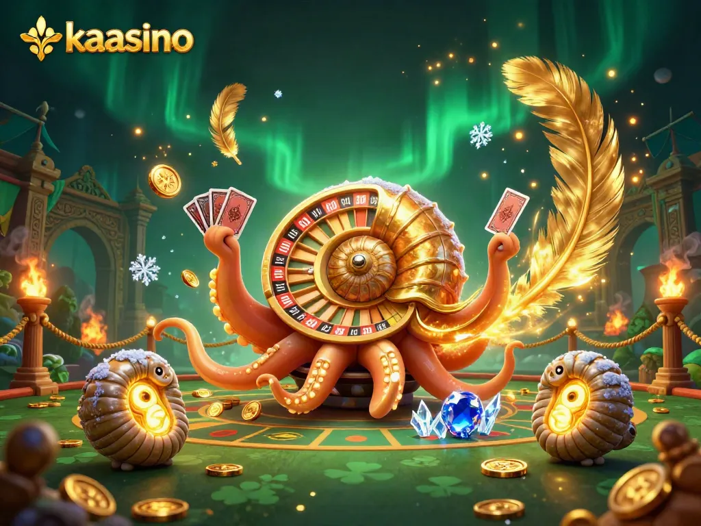 Kaasino showcases an ancient giant nautilus holding cards, surrounded by dynamic casino elements.