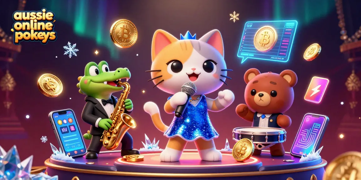 Engaging scene with aussie online pokies characters performing amidst crypto elements and rich casino decor.