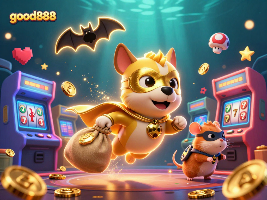 Experience thrilling action at good888 with a 3D superhero dog and hamster amidst casino elements.