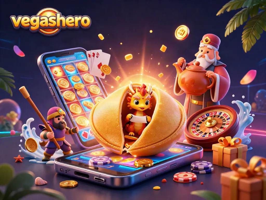 Engage with the vibrant world of vegashero, showcasing a golden fortune cookie and dynamic casino game elements.