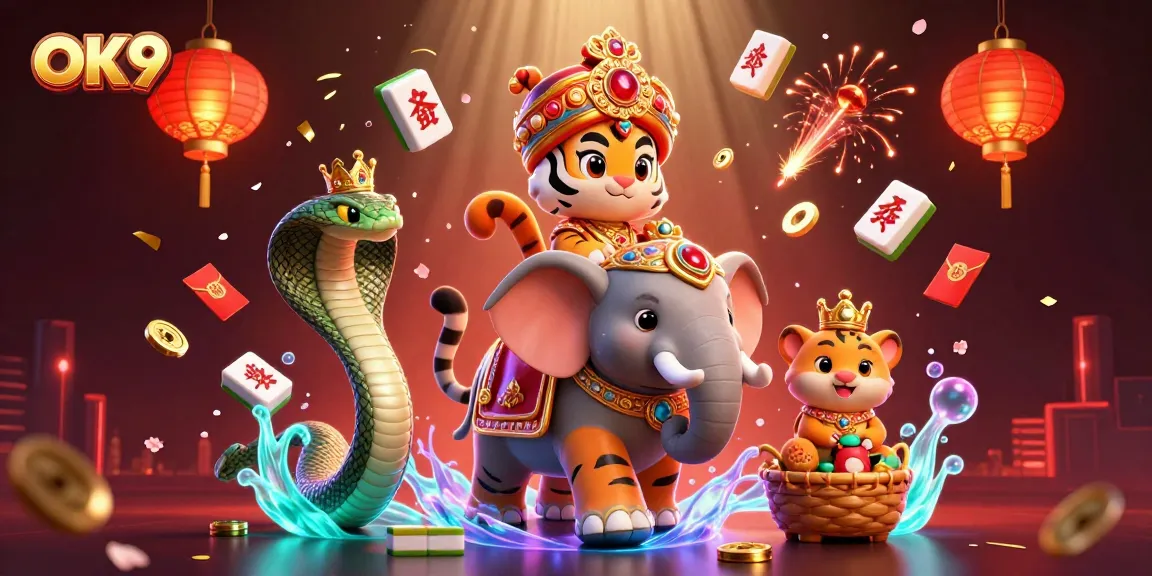Engage in exciting gameplay with OK9 amidst vibrant casino-themed elements and characters.