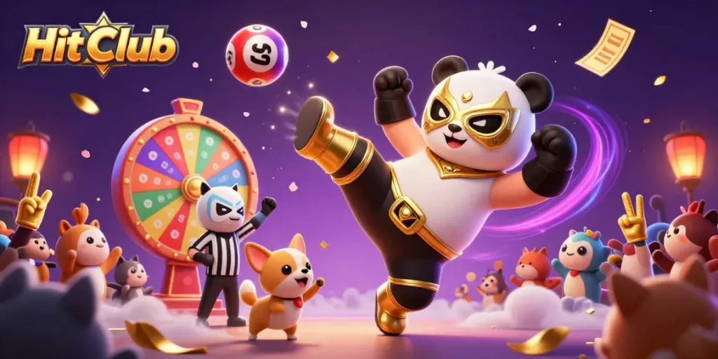 Engaging scene at Hit Club showing a panda wrestler in action, with colorful gambling elements