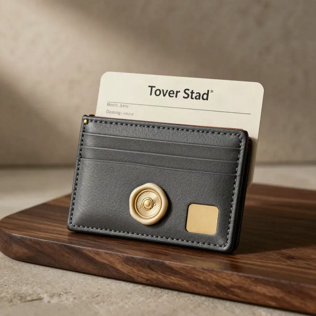 Cardwallet, messing slotje, waszegel en betaalchip op een donkere plank.