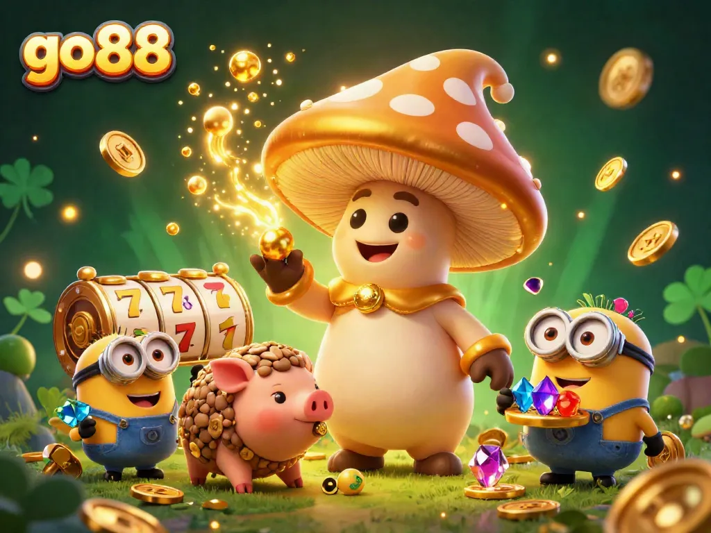 Experience the magic of go 88 with a whimsical scene featuring a golden mushroom wizard and lively slot symbols.