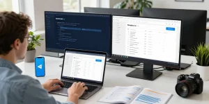 Setting up Telegram Chinese Version on a laptop in a bright tech workspace
