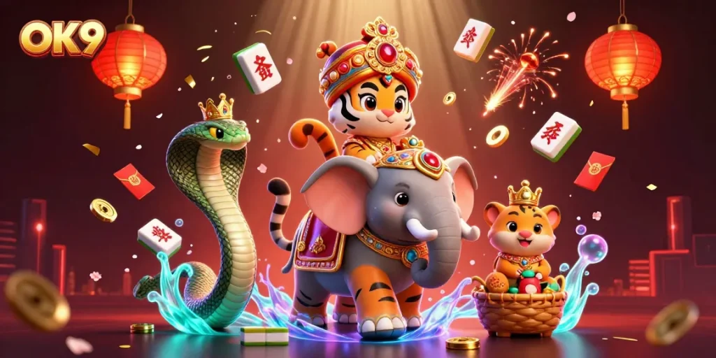 Engage in exciting gameplay with OK9 amidst vibrant casino-themed elements and characters.