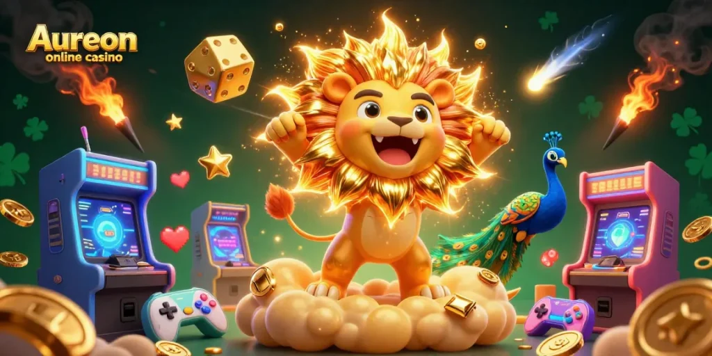Aureon online casino scene with a sun lion and golden dice, highlighting vibrant gaming excitement