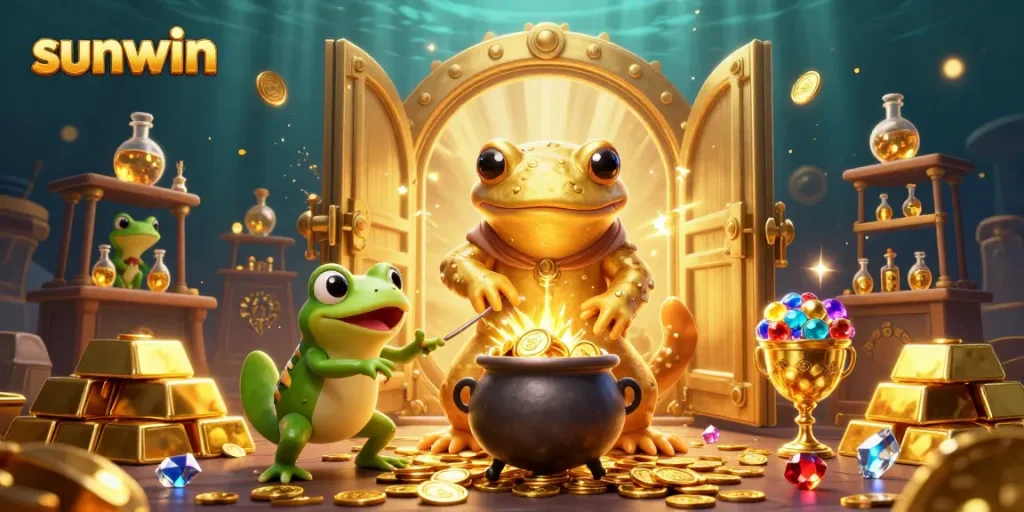 Experience the excitement of sunwin as golden treasures illuminate a magical casino scene.